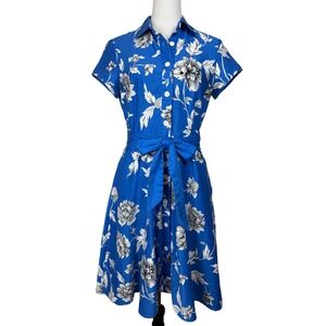 Leslie Fay Women's Floral Shirt Dress Blue Belted Midi Modest Casual Office8